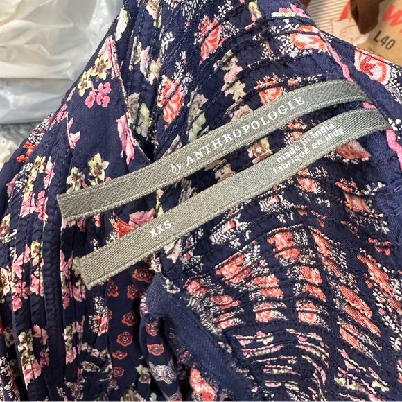 Anthropologie Blue Floral Patchwork Ruffled Hem Split Neck Midi Dress Size XXS - Picture 10 of 12